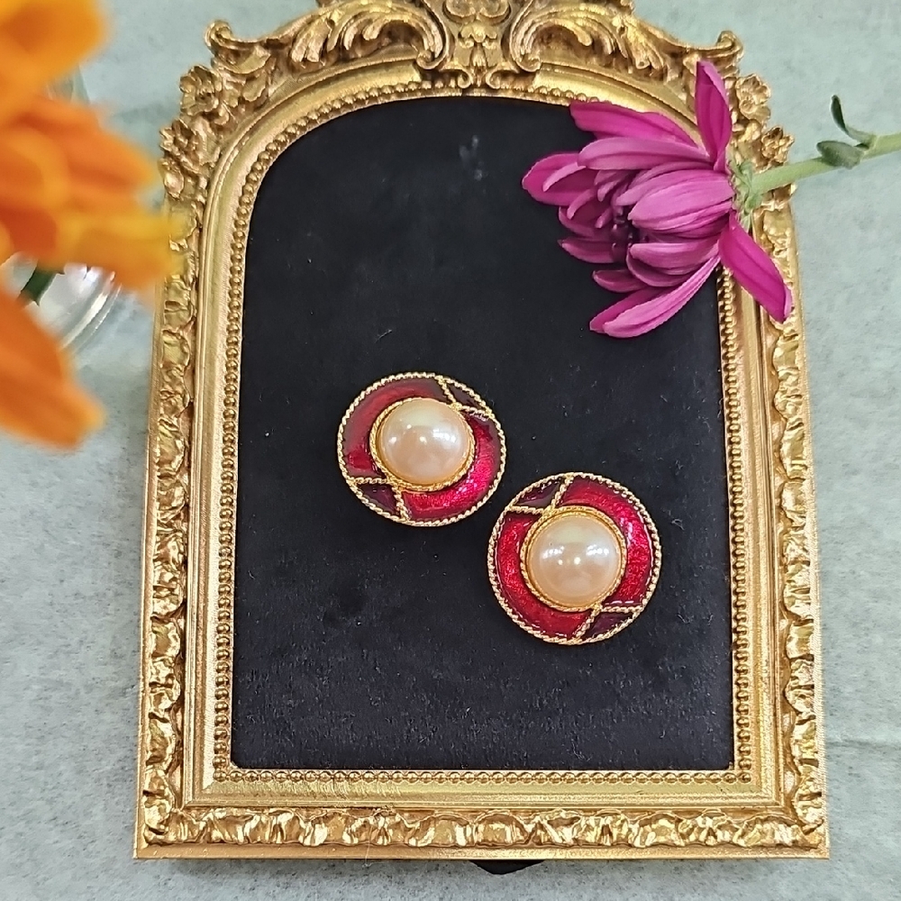Vintage Unsigned Anne Klein Red and Gold Enamel And Faux Pearl Clip Earrings